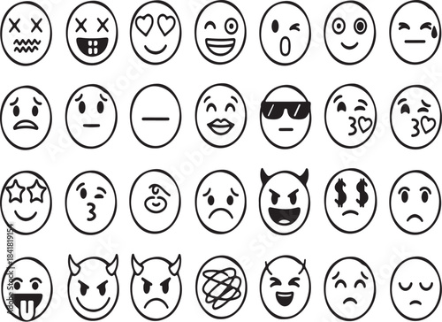 Emoji faces collection displaying different moods and facial expressions available