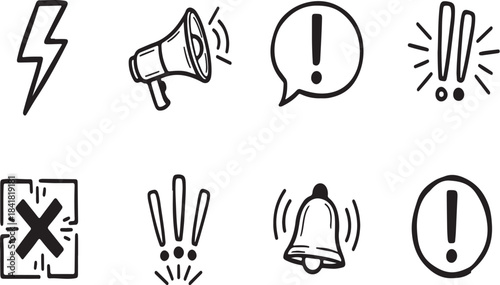 Communication icons featuring megaphone speech bubble and alert symbol