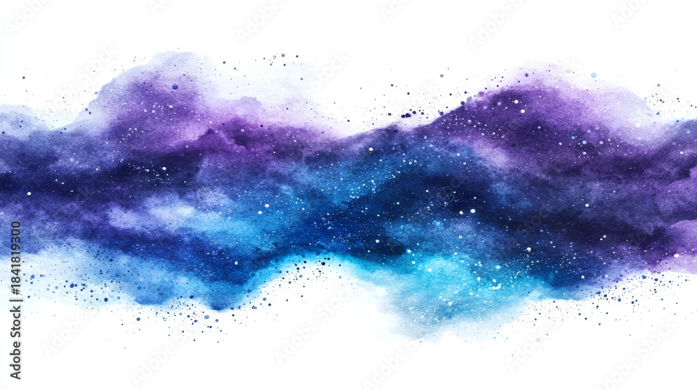 Obraz premium Cosmic watercolor nebula with vibrant blues and purples speckled with stardust against a white background.