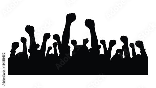 A crowd of people raising their fists in solidarity black silhouette
