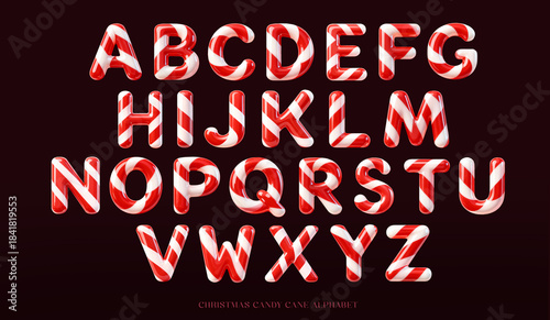 Holiday Alphabet in 3D Glossy Candy Cane Style Letters Isolated on Dark Maroon Gradient Background – Sweet Candy Cane Font Set for Holiday Cards, Winter Posters, Seasonal Branding, etc.