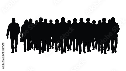 A large group of people standing together a striking black silhouette