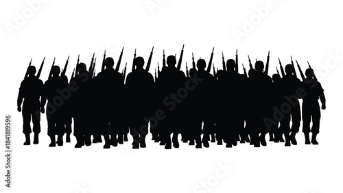 A large group of soldiers standing together in a dark silhouette