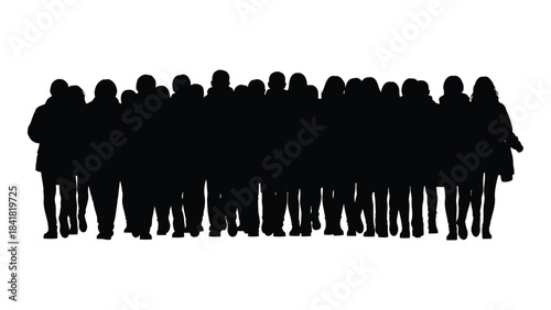 A large group of people standing together a striking black silhouette