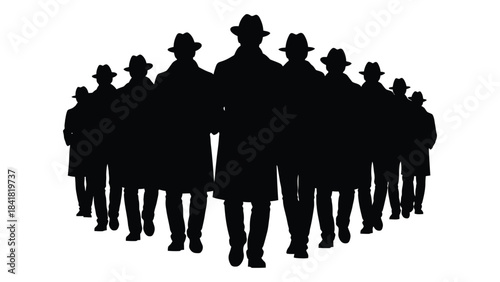 A group of men in hats standing together a striking silhouette