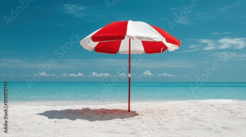 A large red and white umbrella stands on the sand by the ocean. The water is bright blue and clouds are scattered in the sky. It is a sunny summer day.