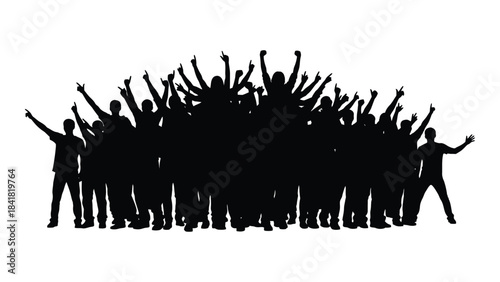 A large crowd of people raising their hands in celebration silhouette