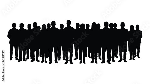 A large group of people standing together depicted as a striking silhouette