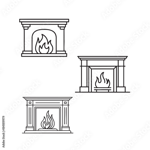 Silhouette of three different fireplace designs with flames