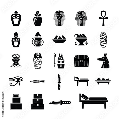 Ancient egyptian artifacts and symbols black and white icon set illustration