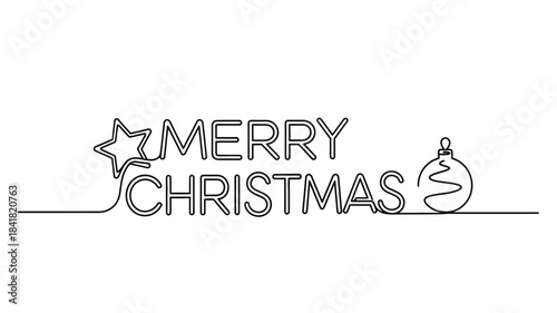A minimalist black and white line drawing displaying the text merry christmas with festive elements