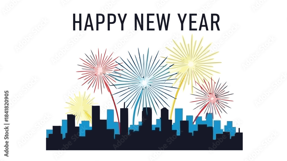 Fototapeta premium A festive new year celebration with colorful fireworks over a silhouetted cityscape