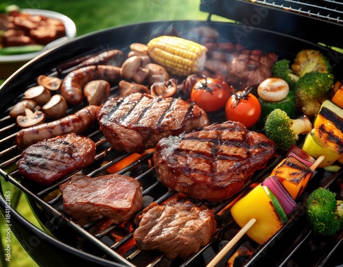 assorted meats and vegetables grilling on a bbq for a summer cookout