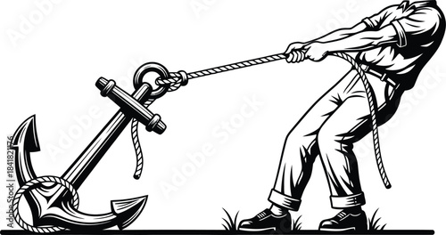 Man Pulling Anchor Nautical Vector Illustration