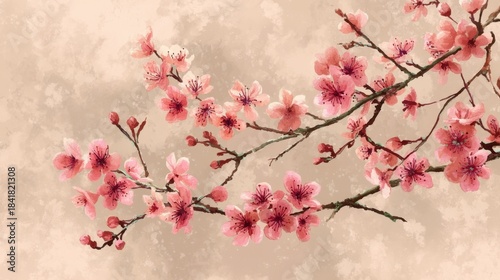 Cherry blossom branches extend across the scene featuring clusters of pink flowers and buds. The soft background enhances the beauty of the blossoms.