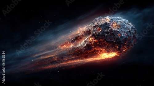 A large comet travels through space. The surface of the comet is rocky and glowing. Bright flames and light trail behind it in the dark background. This scene shows the beauty of the cosmos.