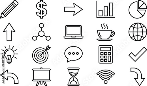 Business office productivity icon set including communication analytics creativity finance technology direction presentation outline symbols