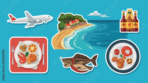 Airplane Flying Over Coastal Area with Seafood and Beach Scene.
