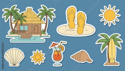 Colorful tropical beach sticker collection with palm trees and summer icons.