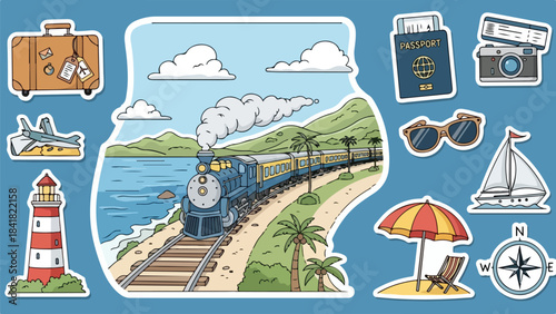 Colorful travel sticker collage featuring a steam train and seaside icons.
