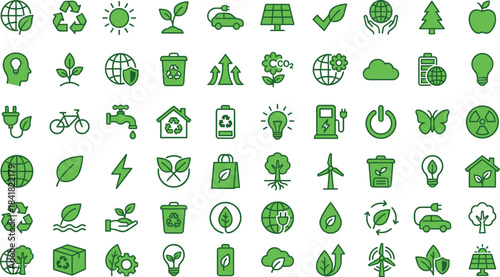 Eco friendly sustainability icons set with renewable energy, recycling, green environment, climate protection, nature conservation symbols