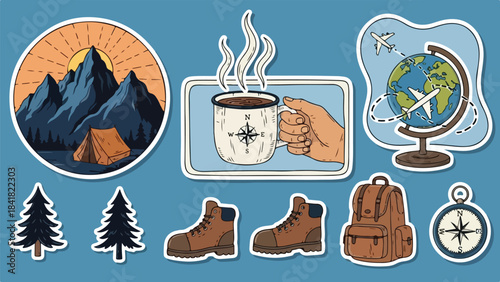 Hand drawn travel and outdoor sticker pack with camping and hiking icons.