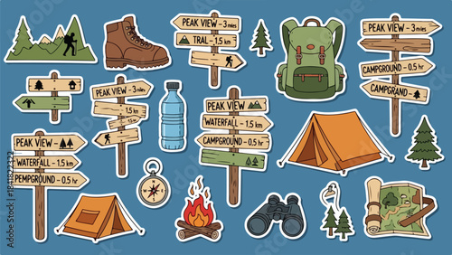Colorful camping and hiking sticker sheet featuring tents, backpacks and outdoor icons.