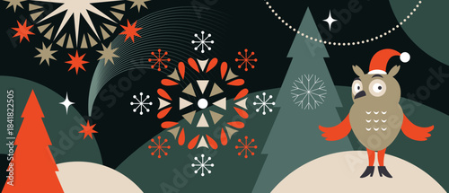 Christmas decoration, horizontal christmas banner with snowflakes, christmas stars, tree , cute owl in minimal geometric syle