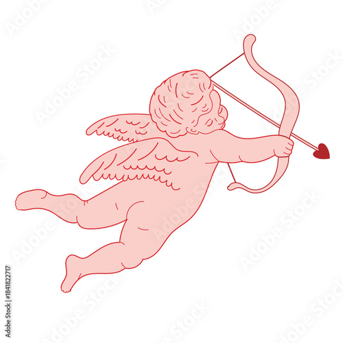 Cute cupid angel with bow and heart arrow. Valentine symbol of love and romance. Flat vector illustration isolated on white background.