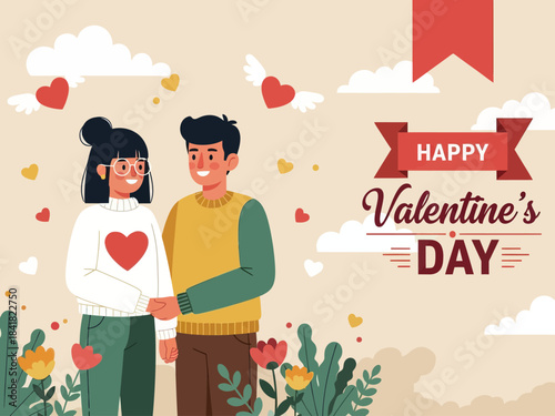 Romantic Valentine’s Day illustration of a happy couple holding hands surrounded by hearts, flowers, and clouds. Perfect for love-themed cards, holiday greetings, and romantic designs.