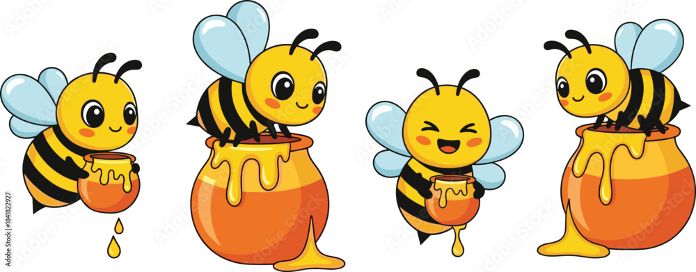 Naklejka premium Set of Four Cute Kawaii Cartoon Bees Flying, Holding, and Sitting on Dripping Honey Pots, Ideal for Sweet Food, Kids, and Nature Concepts