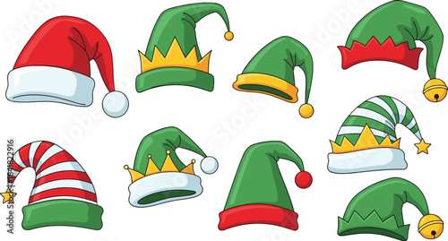 Set of Eight Festive Cartoon Christmas and Elf Hats in Various Red and Green Designs, Ideal for Holiday Parties, Costume Elements, and Seasonal Graphics