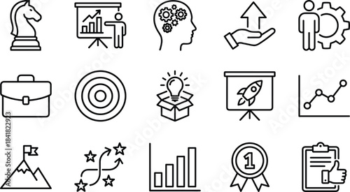 Business strategy icons with growth, innovation, leadership, analytics, success planning, target goals, creative ideas, achievement