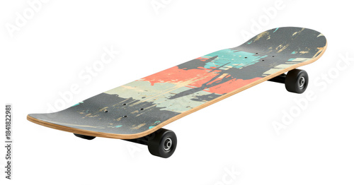 Modern skateboard with a vibrant abstract grunge design showcasing its unique graphic art and durable construction for urban sports and recreation.
