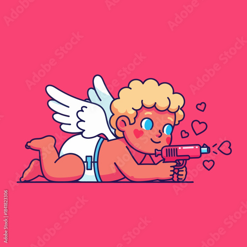 Cute cartoon Cupid aiming a love blaster, surrounded by floating hearts on a bright pink background. Perfect for Valentine’s Day, romance themes, and adorable character illustrations.