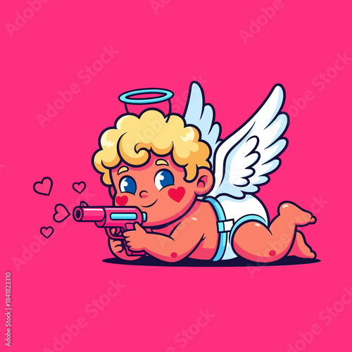 Cute cartoon Cupid aiming a love blaster, surrounded by floating hearts on a bright pink background. Perfect for Valentine’s Day, romance themes, and adorable character illustrations.