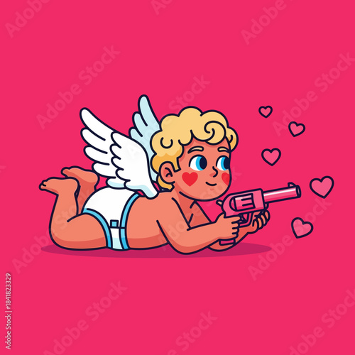 Cute cartoon Cupid aiming a love blaster, surrounded by floating hearts on a bright pink background. Perfect for Valentine’s Day, romance themes, and adorable character illustrations.