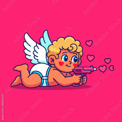 Cute cartoon Cupid aiming a love blaster, surrounded by floating hearts on a bright pink background. Perfect for Valentine’s Day, romance themes, and adorable character illustrations.
