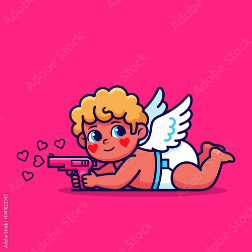 Cute cartoon Cupid aiming a love blaster, surrounded by floating hearts on a bright pink background. Perfect for Valentine’s Day, romance themes, and adorable character illustrations.