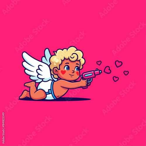 Cute cartoon Cupid aiming a love blaster, surrounded by floating hearts on a bright pink background. Perfect for Valentine’s Day, romance themes, and adorable character illustrations.