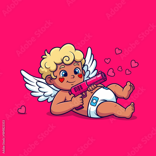 Cute cartoon Cupid aiming a love blaster, surrounded by floating hearts on a bright pink background. Perfect for Valentine’s Day, romance themes, and adorable character illustrations.