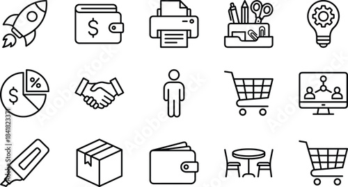 Business shopping productivity icon set including finance tools creativity teamwork office supplies ecommerce communication symbols