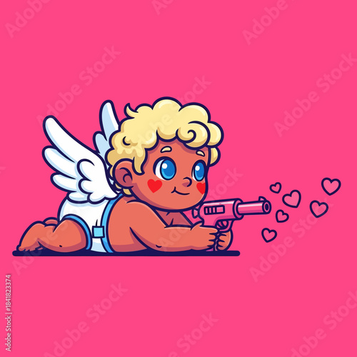Cute cartoon Cupid aiming a love blaster, surrounded by floating hearts on a bright pink background. Perfect for Valentine’s Day, romance themes, and adorable character illustrations.