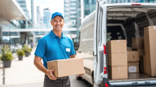 A delivery person happily holding a package next to a van full of packages. Delivery of a package during the day, a portrait of a courier