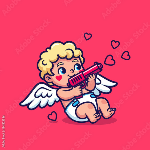 Cute cartoon Cupid aiming a love blaster, surrounded by floating hearts on a bright pink background. Perfect for Valentine’s Day, romance themes, and adorable character illustrations.