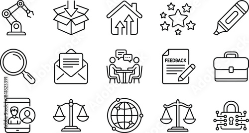 Business communication productivity icons showing feedback teamwork security automation quality improvement collaboration global connection