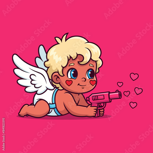 Cute cartoon Cupid aiming a love blaster, surrounded by floating hearts on a bright pink background. Perfect for Valentine’s Day, romance themes, and adorable character illustrations.