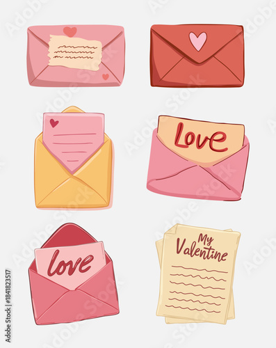 Valentine Love Letters and Envelopes. Cute Vector Illustration.