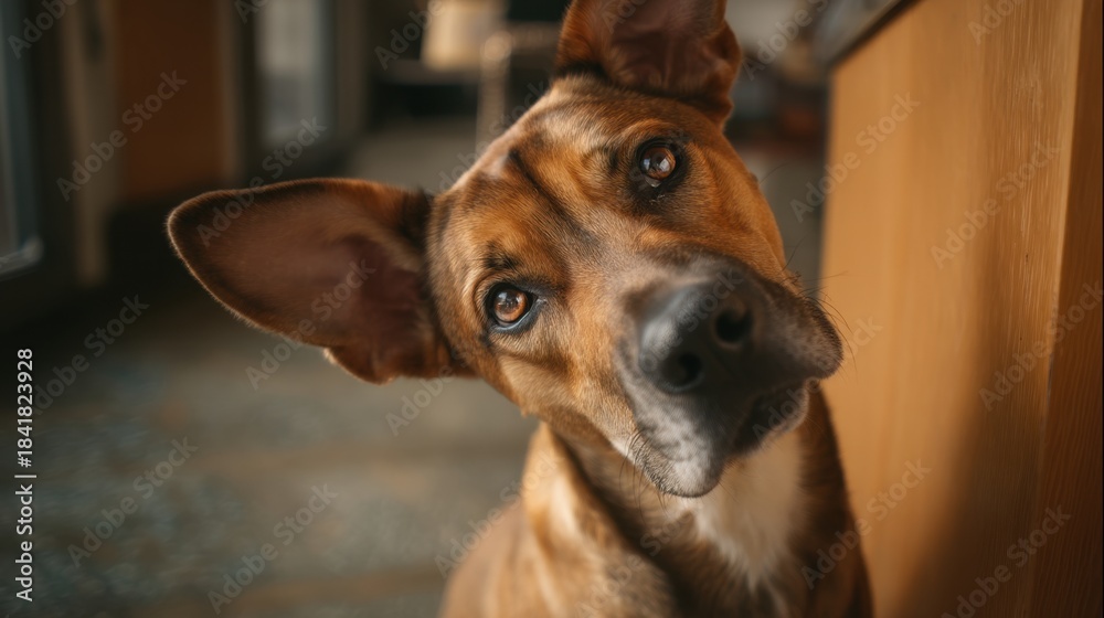 Obraz premium A dog tilts its head while facing the camera in a home living room during the afternoon. The background shows soft lighting and wooden furniture.