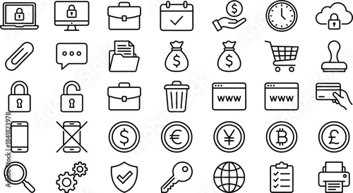 Business security finance icon set including money management workflow protection currency web shopping communication tools